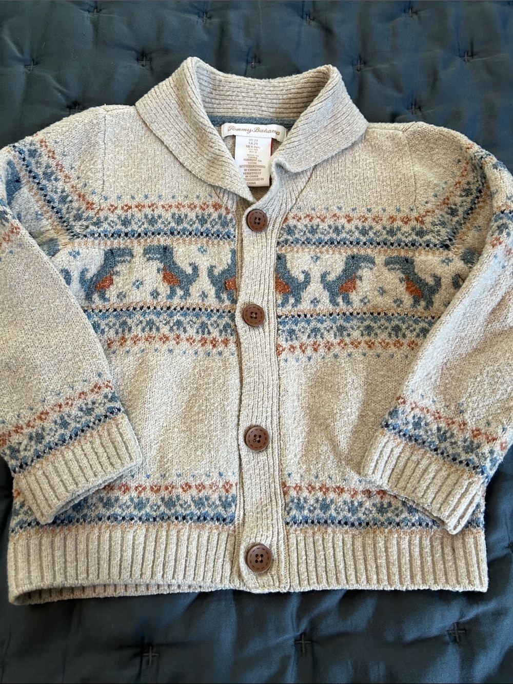 Tommy Bahama Kids Beige Fair Isle Button Cardigan with Blue and Brown Accents